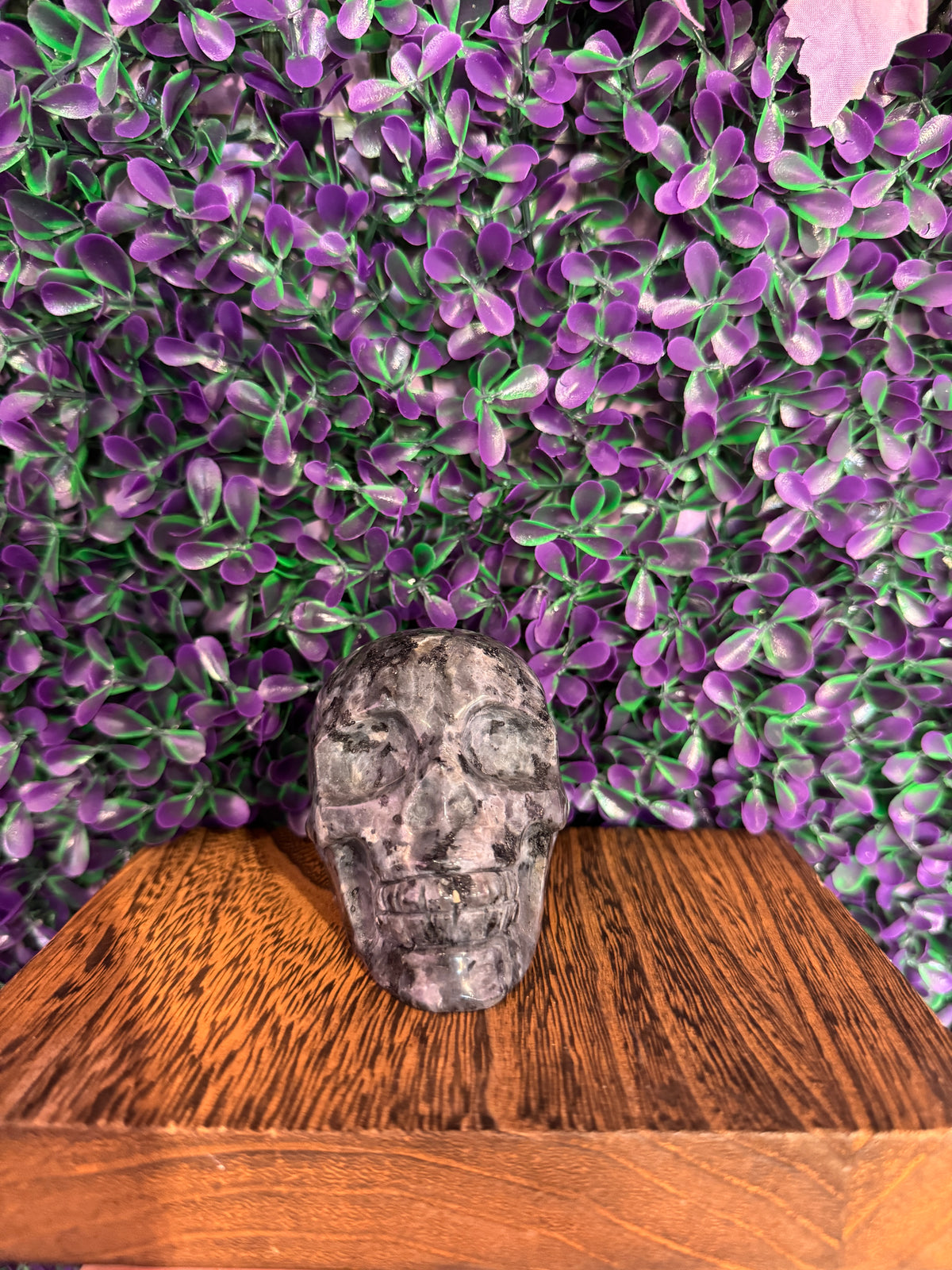 Gray Veined Skull Carving — product photo 1. A polished gray skull carving with pale veining and a beautifully intricate, mottled surface.