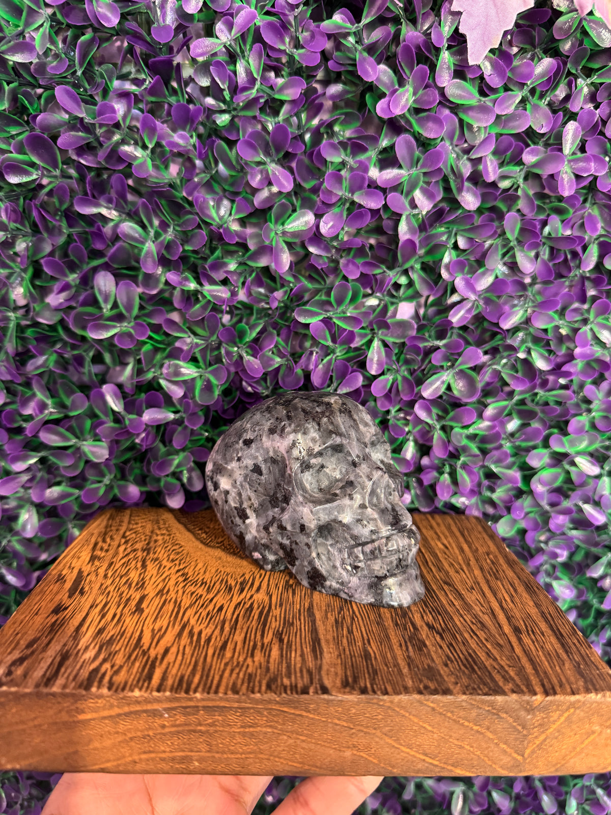 Gray Veined Skull Carving — product photo 2. A polished gray skull carving with pale veining and a beautifully intricate, mottled surface.