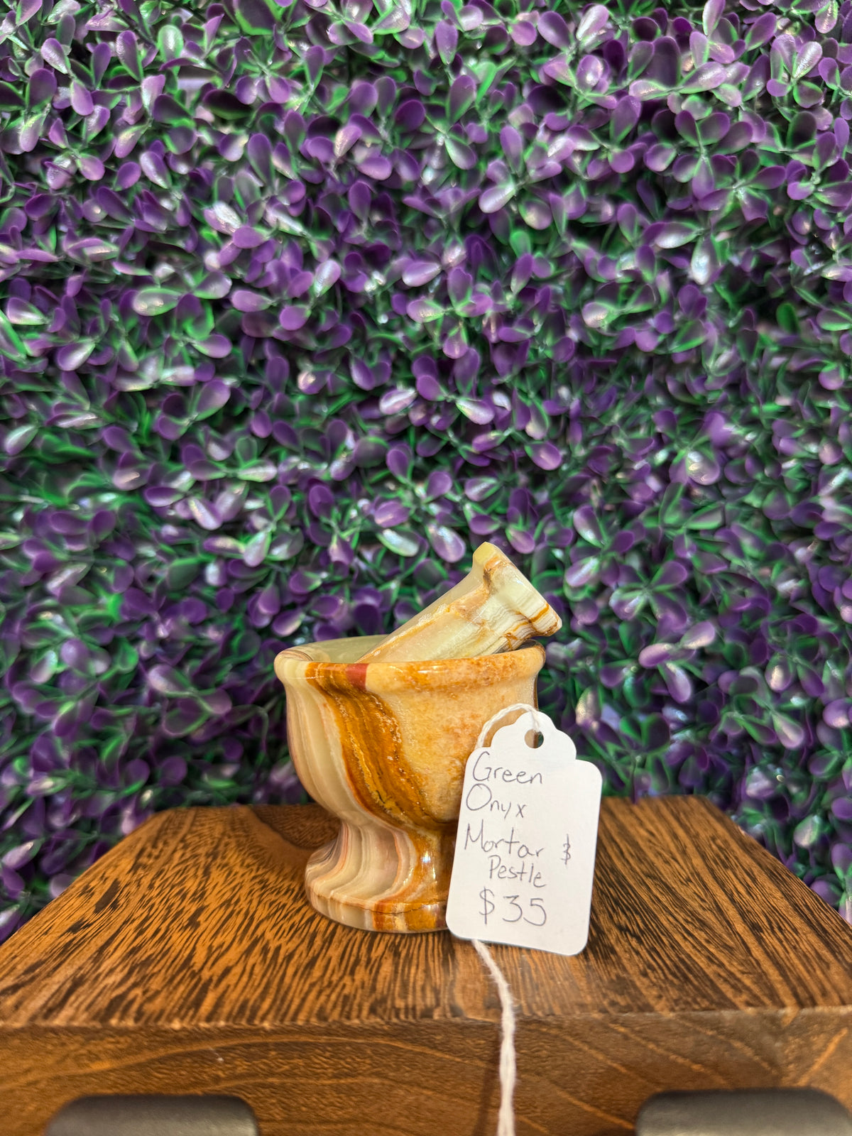 Handwritten tag reading Green Onyx Mortar and Pestle and $35 with the set.