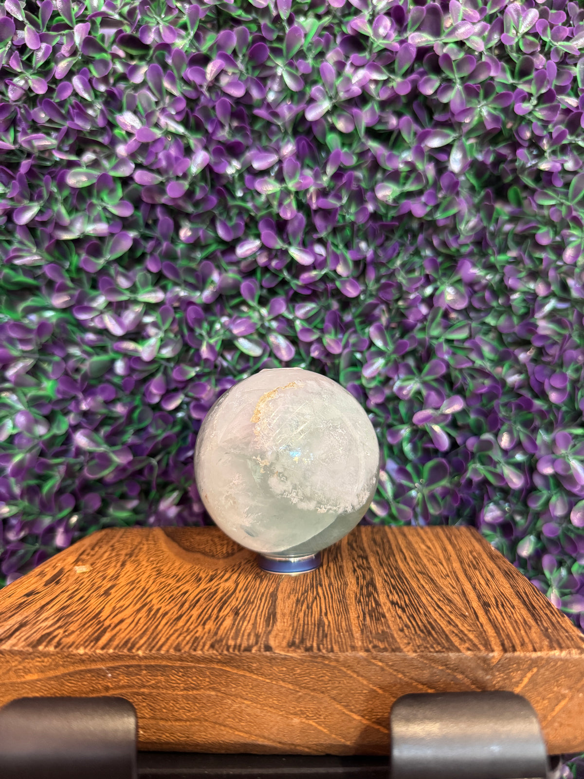 Pale Green and White Sphere — product photo 2. A polished sphere with translucent pale green and frosty white areas and intriguing internal detail.
