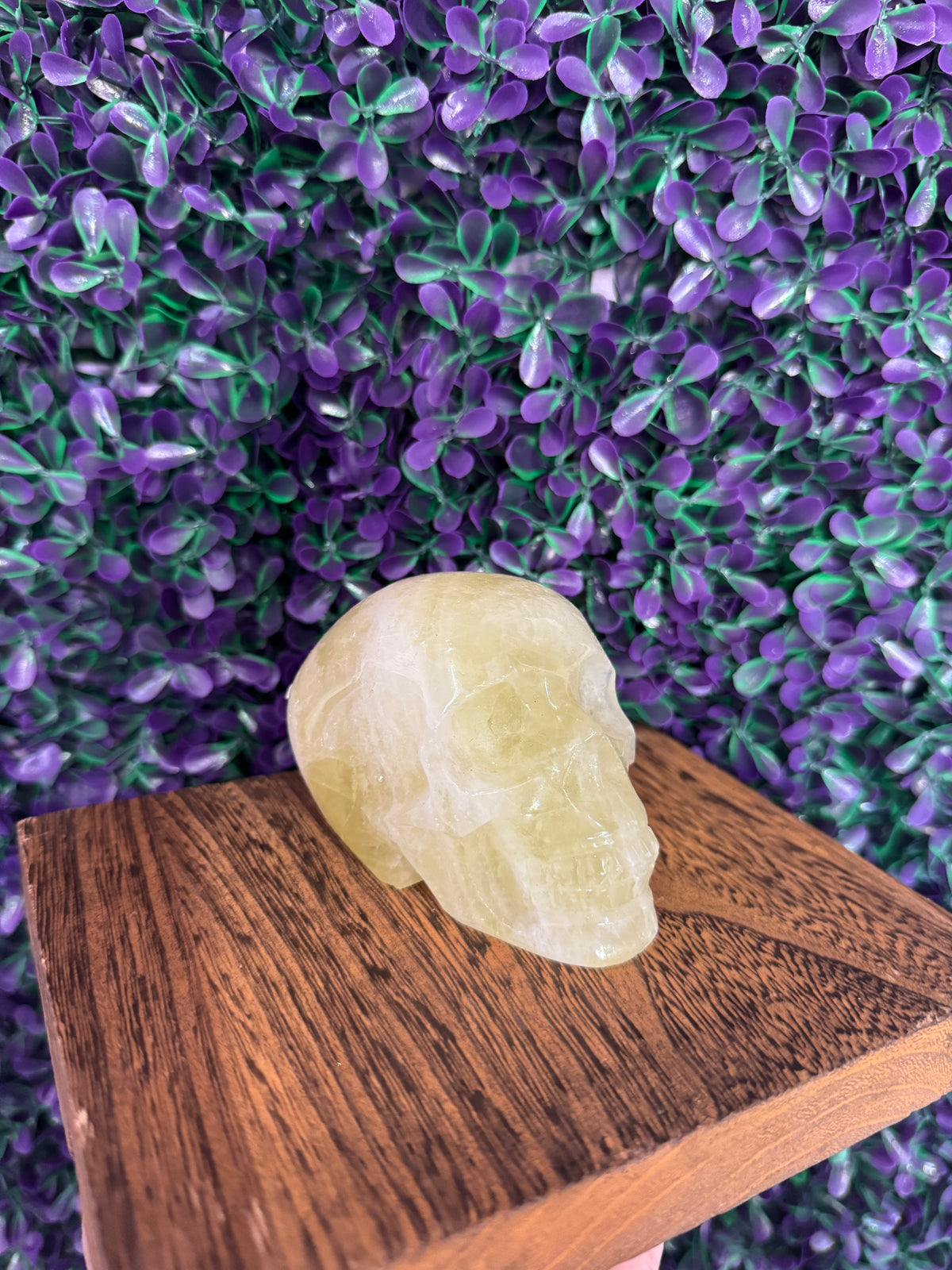 Pale Yellow-Green Skull Carving — product photo 2. A smooth, polished skull carving in translucent pale yellow-green tones, with softly carved features.