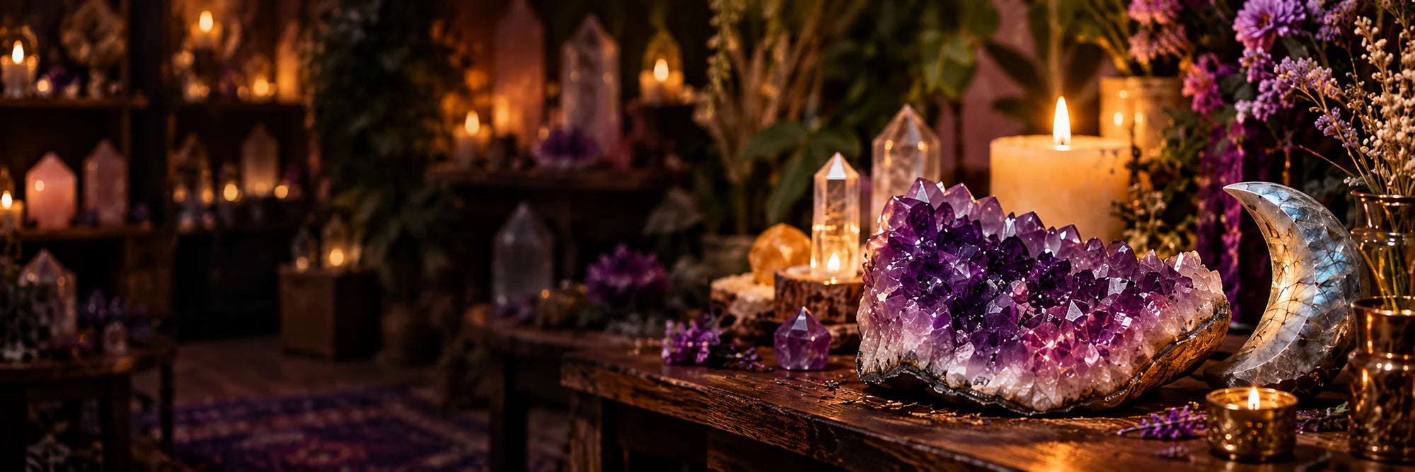 Amethyst, labradorite, and candlelight in an illustrative crystal still life